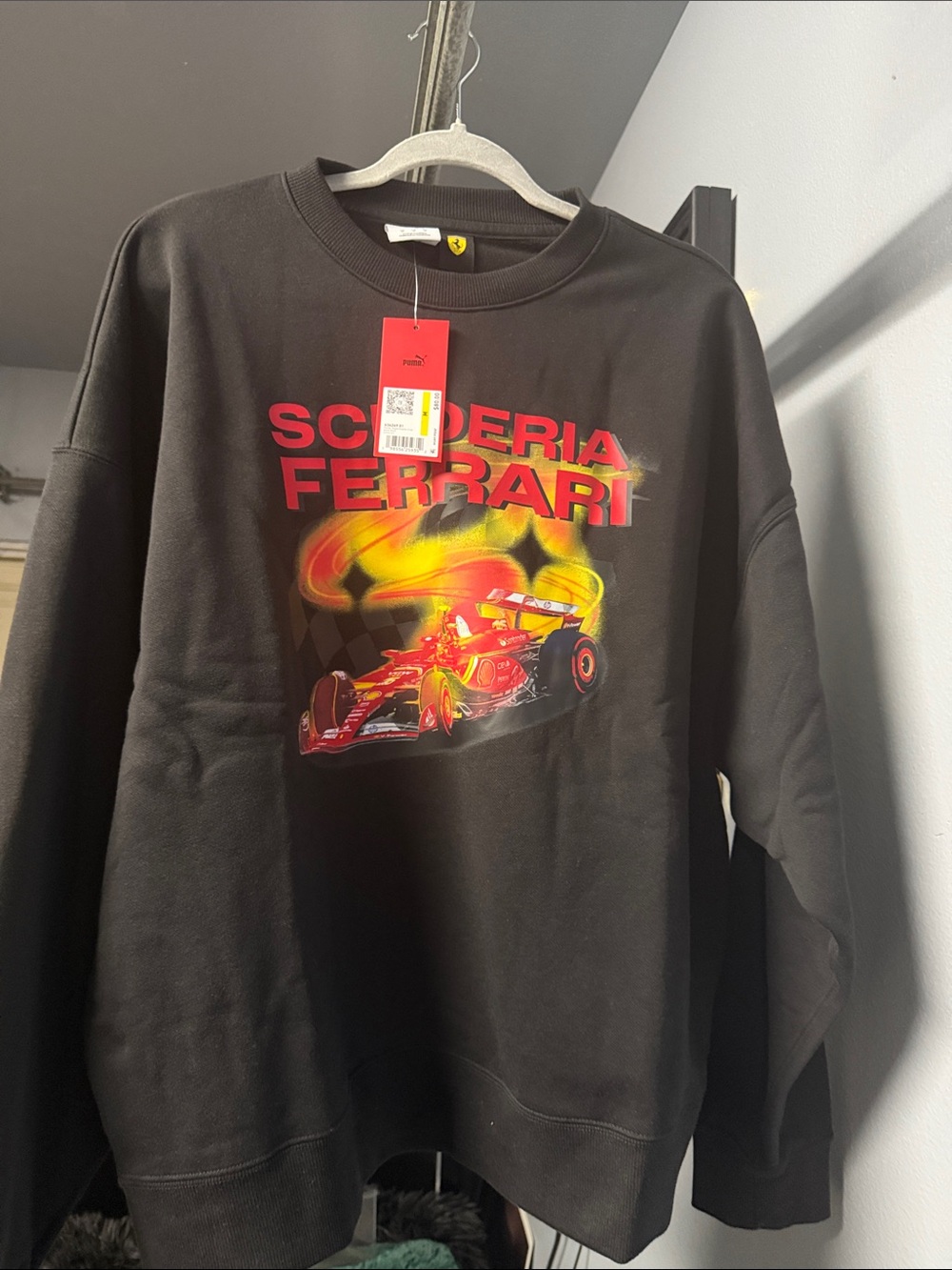 Puma Scuderia Ferrari Black Crewneck with Red & Yellow Racing Graphic
